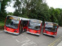 Three red buses