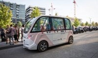 Small, white, driverless bus