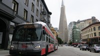 Grey and red bus in city