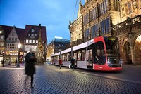 Tram in European city at night
