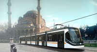 Woman standing in front of tram in front of temple