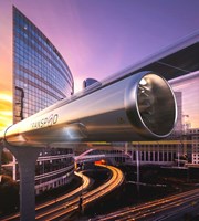 Hyperloop in city at sunset Hyperloop in city at sunset