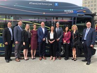 Pictured (L-R): Michael McDaniel - President Coast Mountain Bus Company, Kennedy Stewart - Mayor of Vancouver, Sarah Buckle - Director, Enterprise Risk and Sustainability, Translink, Josipa Petrunic - CEO, CUTRIC, Barry Dykeman - Regional Sales Manager, New Flyer, Jennifer McNeill - Vice President Sales & Marketing, New Flyer, Kevin Desmond - President, Translink, Bowiin Ma - parliamentary secretary, MPP, BC, Merran Smith - Executive Director, Clean Energy Canada, Randy Helmer - VP Maintenance, CMBC