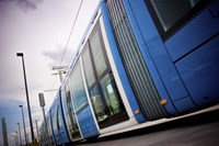 Side of blue tram